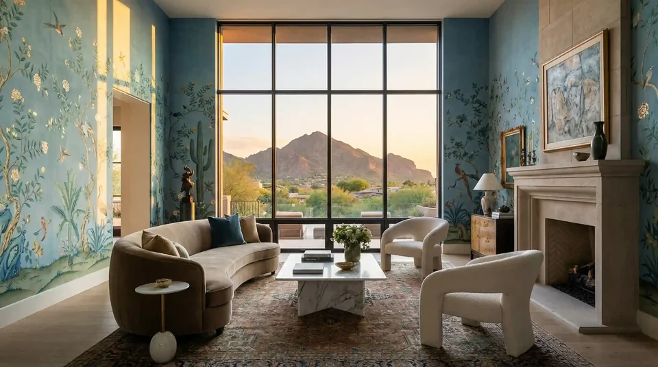 Modern living room with a striking patterned wallpaper feature wall