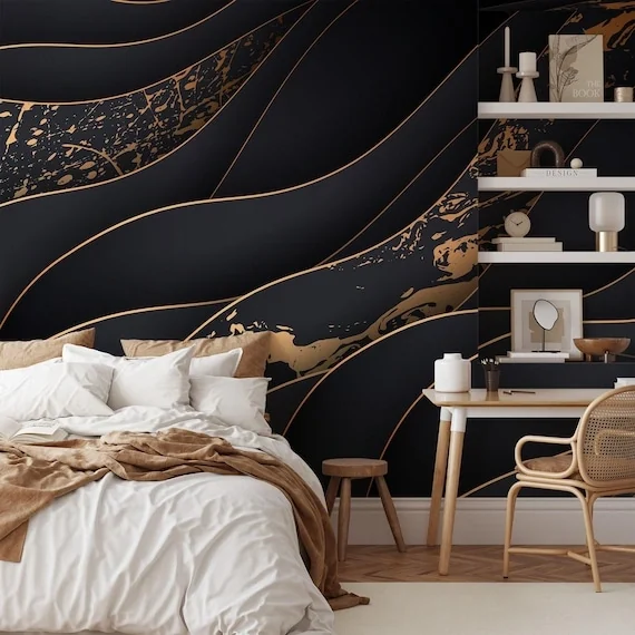 Close view of a flowing dark wallcovering pattern with fine gold lines